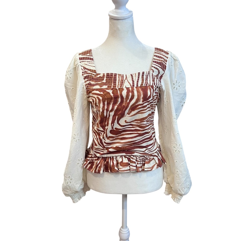 Anthropologie Love The Label Smocked Eyelet‎ Puff Sleeve Blouse Top size Small